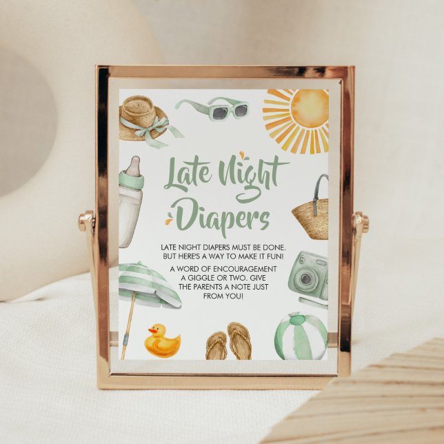 Green Splish Splash Baby Shower Late Night Diapers Poster (Summer Baby Bash Baby Shower Late Night Diapers Sign)