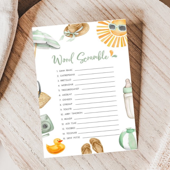 Green Splish Splash Baby Shower Word Scramble Game (Summer Baby Bash Baby Shower Word Scramble Game)