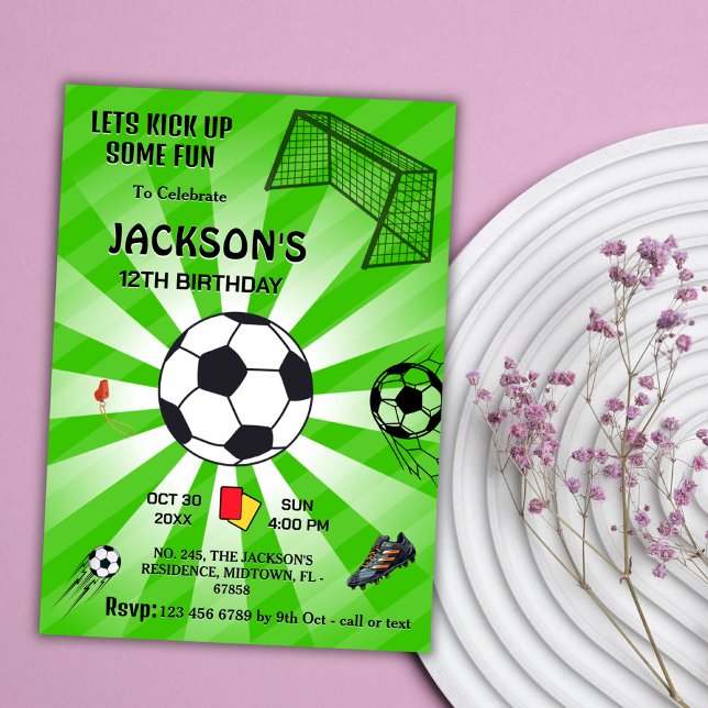 Green sport ball soccer themed modern 12th bday invitation (Creator Uploaded)