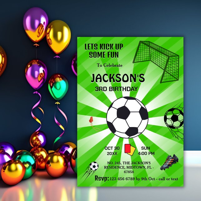 Green sport ball soccer themed modern 3rd birthday invitation (Creator Uploaded)