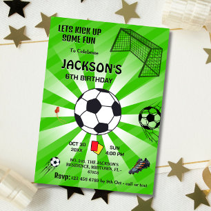 Green sport ball soccer themed modern 6th birthday invitation