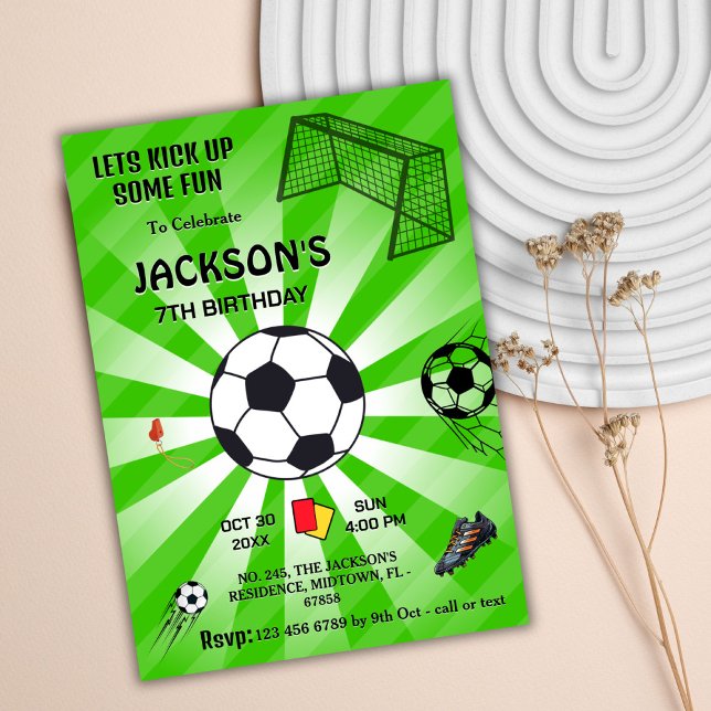 Green sport ball soccer themed modern 7th birthday invitation (Creator Uploaded)