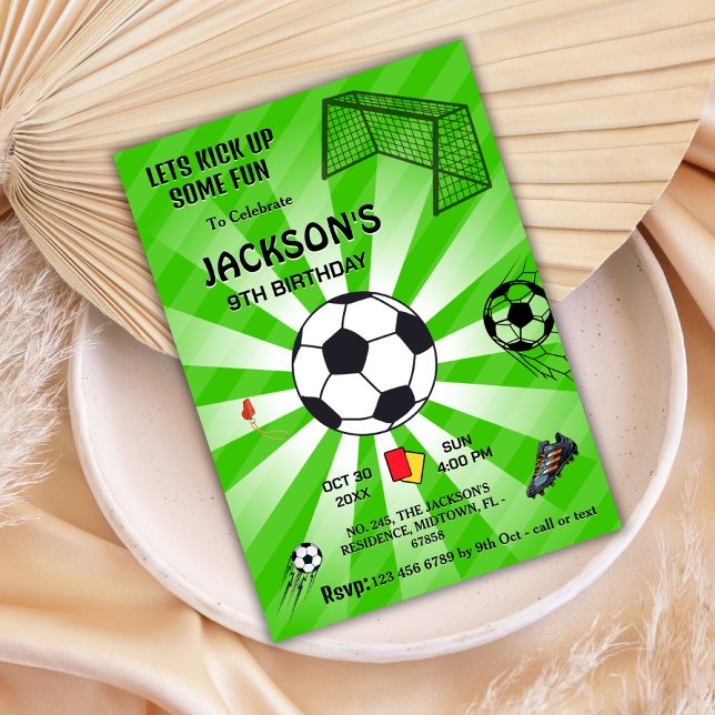 Green sport ball soccer themed modern 9th birthday invitation (Creator Uploaded)