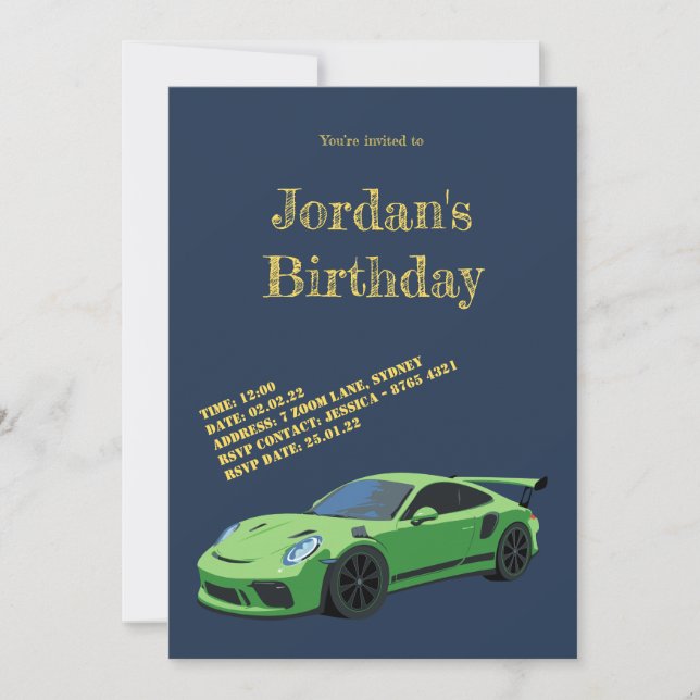 Green Sports Car Birthday Invitation (Front)