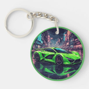 Green Sports Car on Rainy Neon Street Key Ring