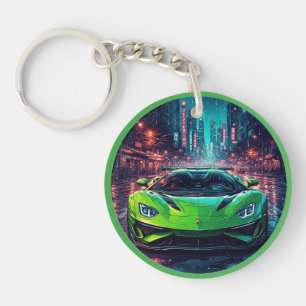 Green Sports Car on Rainy Neon Street Key Ring
