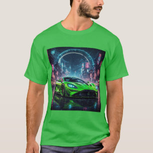 Green Sports Car on Rainy Neon Street T-Shirt
