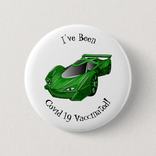 Green sports car with airfoil illustration 6 cm round badge