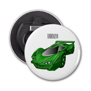 Green sports car with airfoil illustration bottle opener