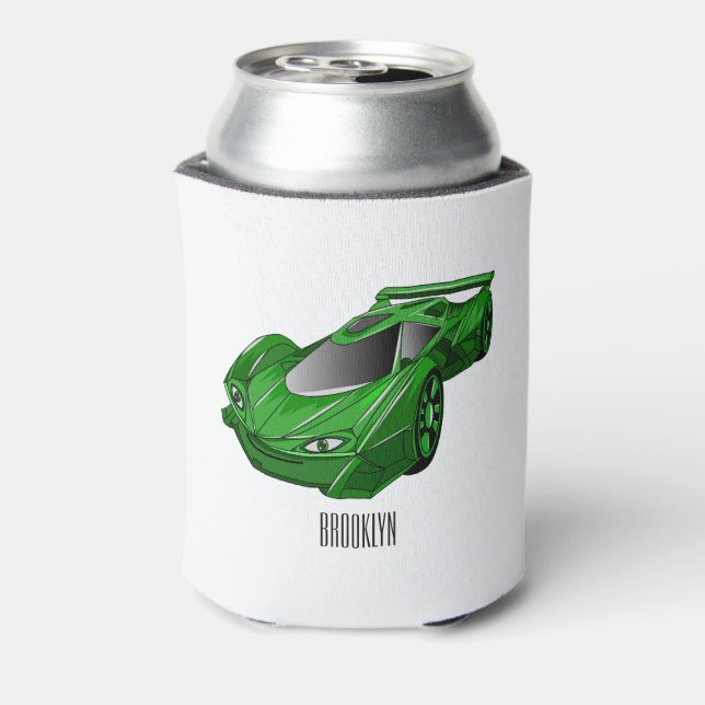 Green sports car with airfoil illustration can cooler (Can Back)