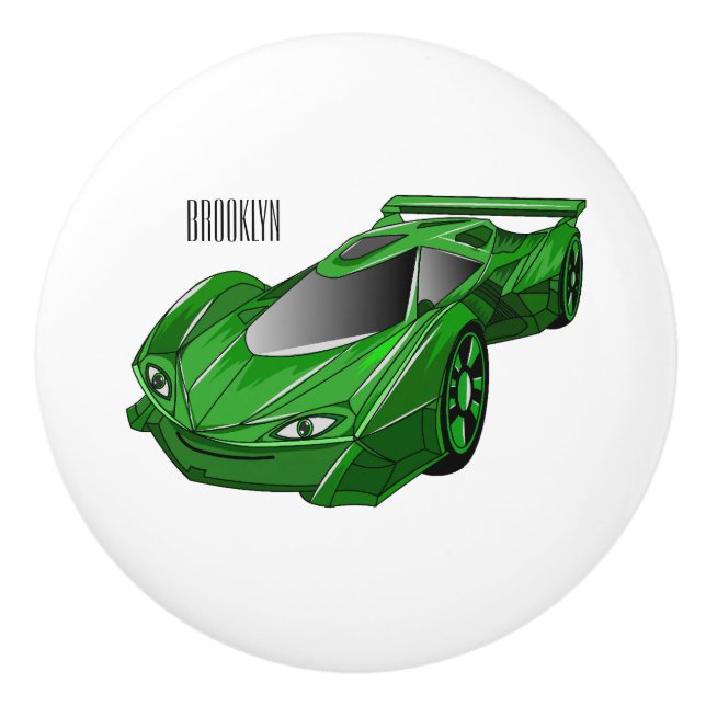 Green sports car with airfoil illustration ceramic knob (Front)