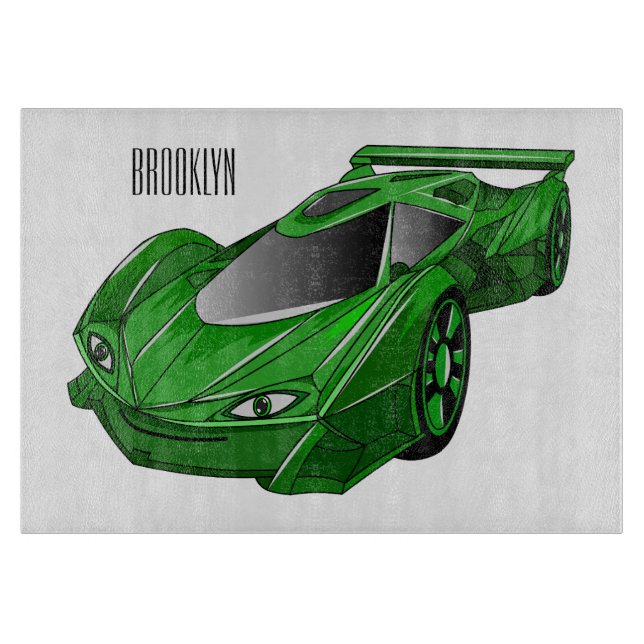 Green sports car with airfoil illustration cutting board (Front)