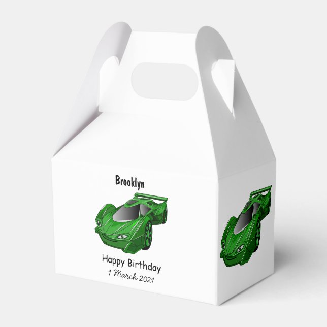 Green sports car with airfoil illustration favour box (Front Side)