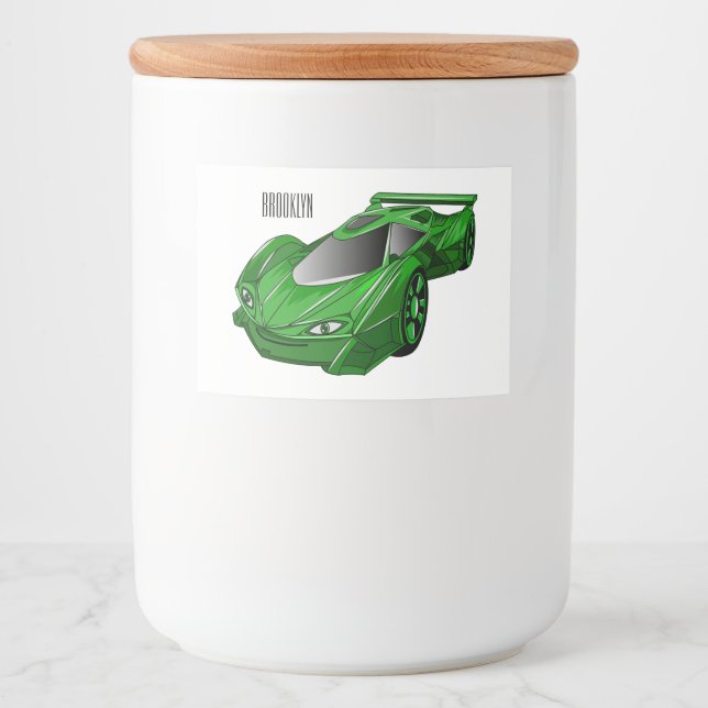 Green sports car with airfoil illustration food label (Front)