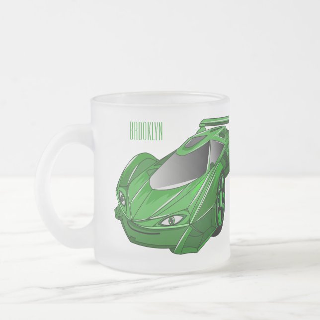 Green sports car with airfoil illustration frosted glass coffee mug (Left)