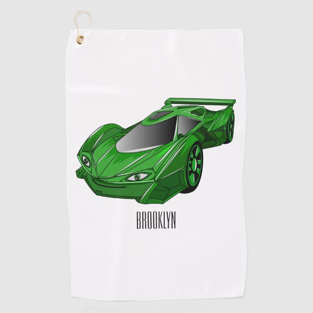 Green sports car with airfoil illustration golf towel (Front)