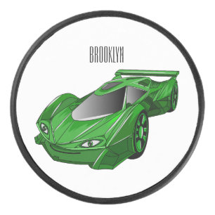 Green sports car with airfoil illustration hockey puck