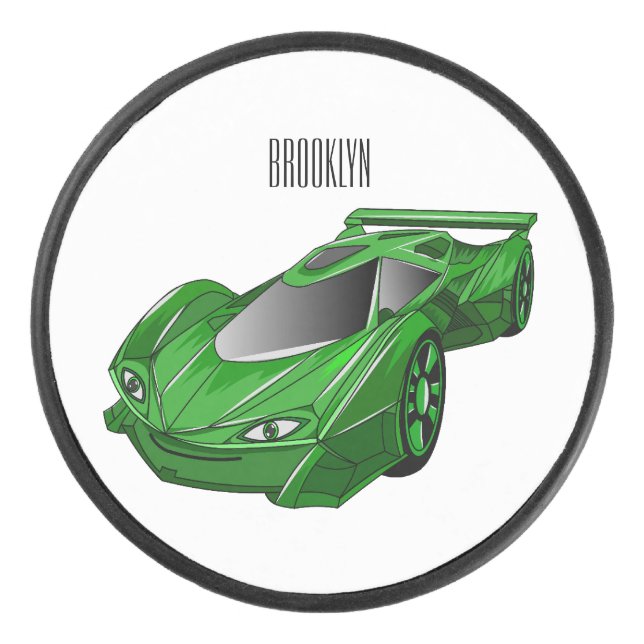 Green sports car with airfoil illustration hockey puck (Front)
