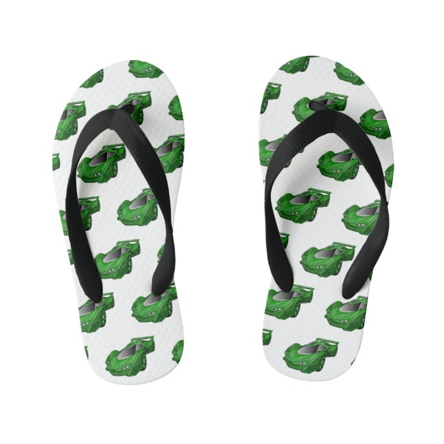 Green sports car with airfoil illustration kid's flip flops (Footbed)