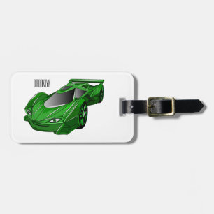 Green sports car with airfoil illustration luggage tag