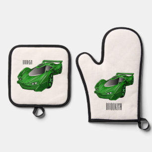 Green sports car with airfoil illustration oven mitt & pot holder set