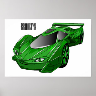 Green sports car with airfoil illustration poster