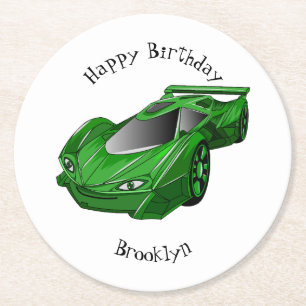 Green sports car with airfoil illustration round paper coaster