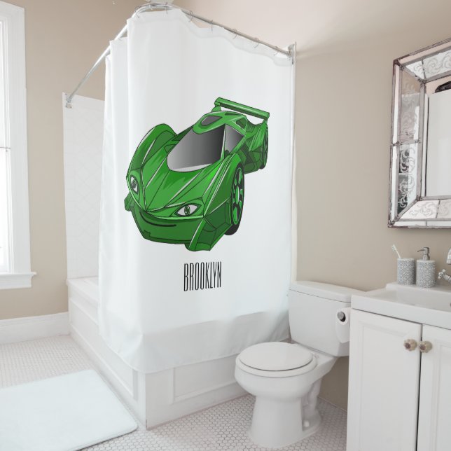 Green sports car with airfoil illustration shower curtain (In Situ)
