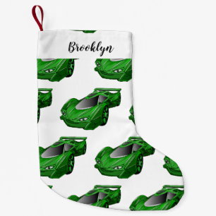 Green sports car with airfoil illustration small christmas stocking