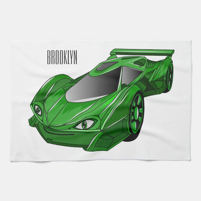 Green sports car with airfoil illustration tea towel (Horizontal)