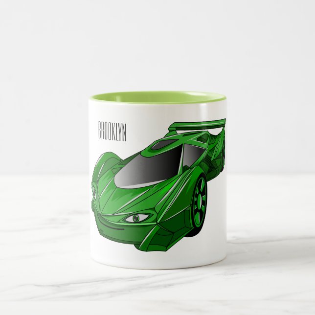 Green sports car with airfoil illustration Two-Tone coffee mug (Center)