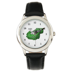Green sports car with airfoil illustration watch