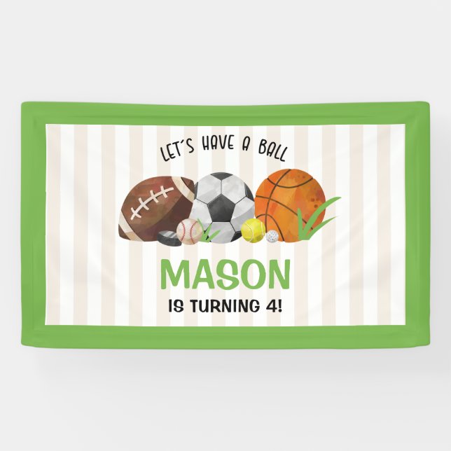 Green Sports Football Basketball Birthday Party  Banner (Horizontal)