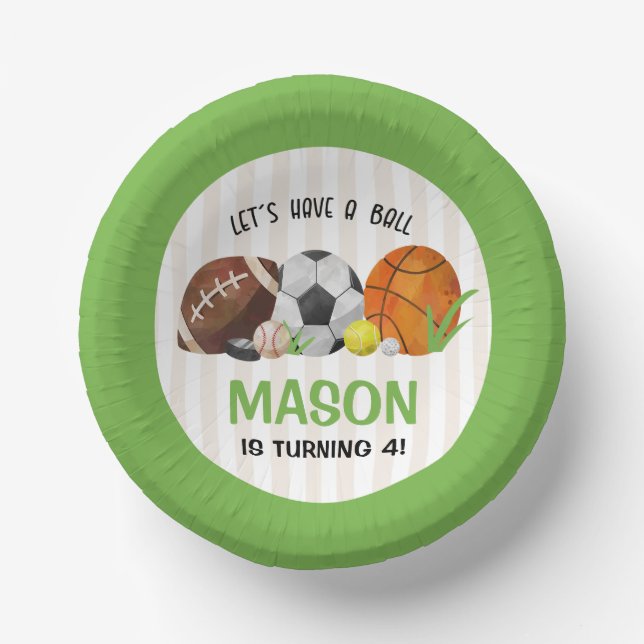 Green Sports Football Basketball Birthday Party  Paper Plate (Front)