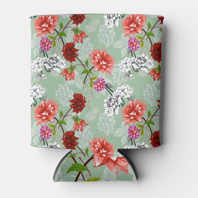 Green Spring Floral: Hand Drawn Can Cooler (Front)