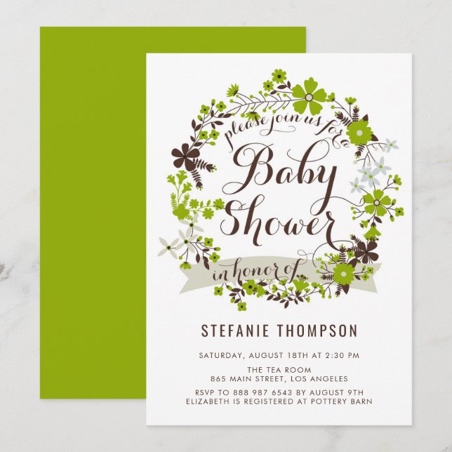 Green Spring Floral Wreath Baby Shower Invitation (Front/Back)