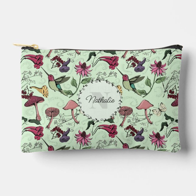 Green Spring Garden Hummingbird Floral Makeup Bag (Front)
