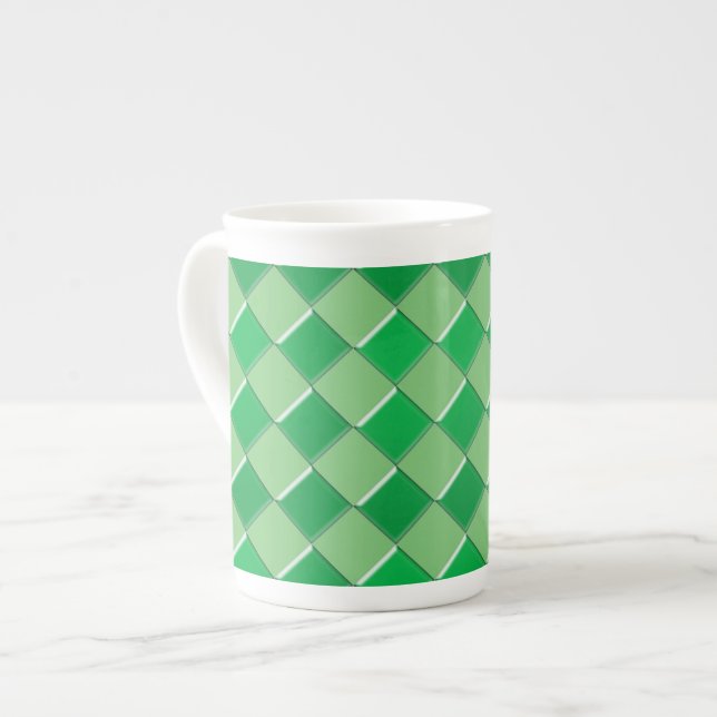 Green squares pattern print bone china mug (Front Left)