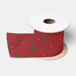 Green Squares with Christmas Trees on Red Satin Ribbon