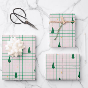 Green Squares with Christmas Trees on white Wrapping Paper Sheet