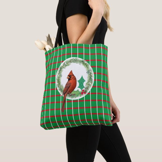 Green Squares With Red & White Lines Tote (Close Up)