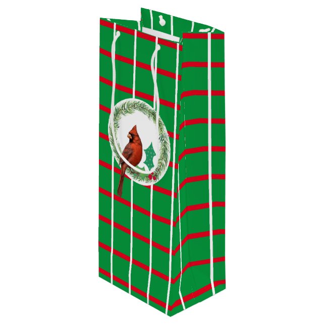 Green Squares With Red & White Lines Wine Gift Bag (Front Angled)