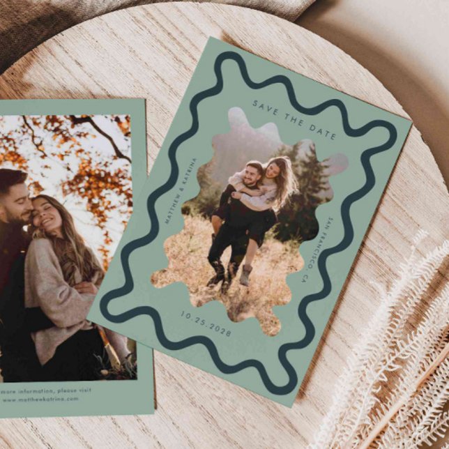 Green Squiggly Wavy Frame Wedding Save The Date (Creator Uploaded)