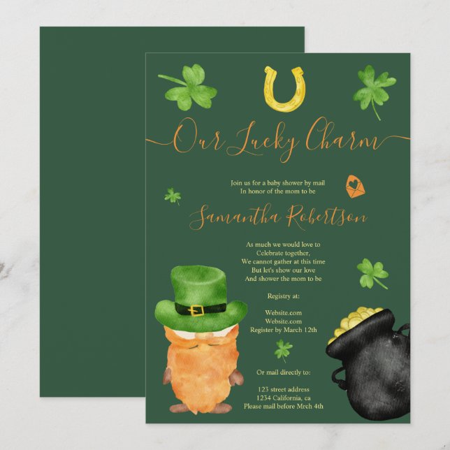 Green St Patrick watercolor baby shower by mail Invitation (Front/Back)
