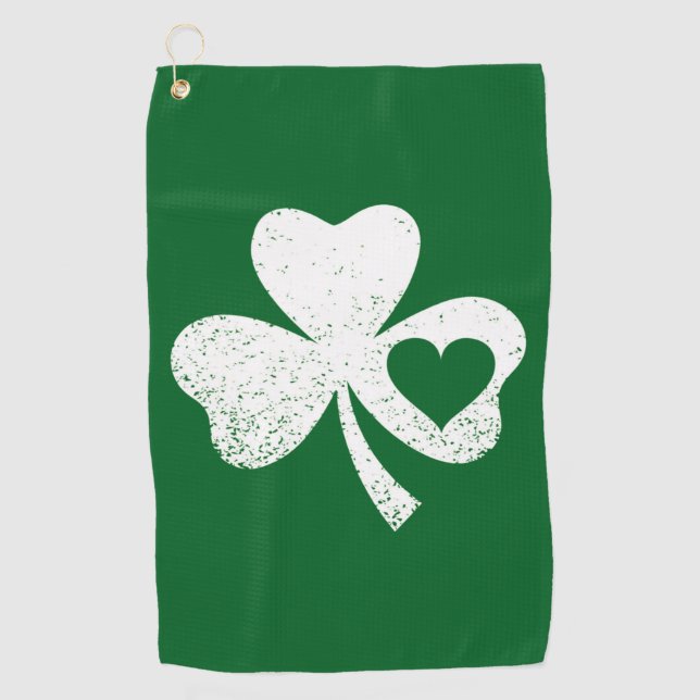 Green St Patricks Day Irish Patty's Heart Shamrock Golf Towel (Front)