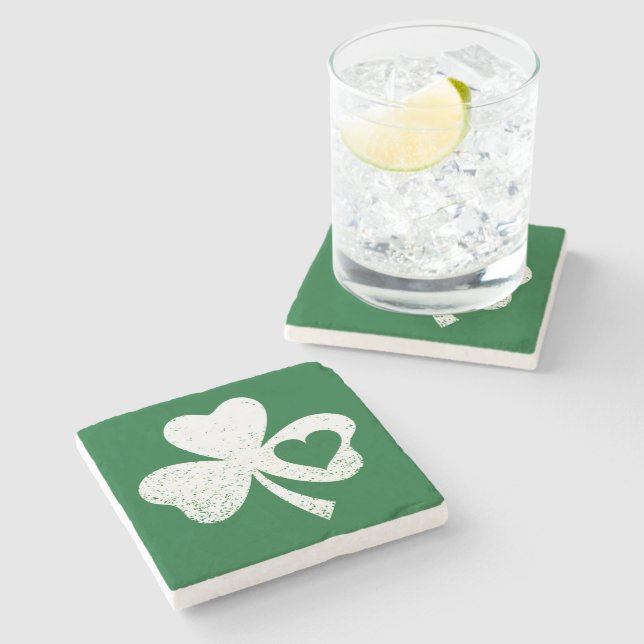 Green St Patricks Day Irish Patty's Heart Shamrock Stone Coaster (Side)