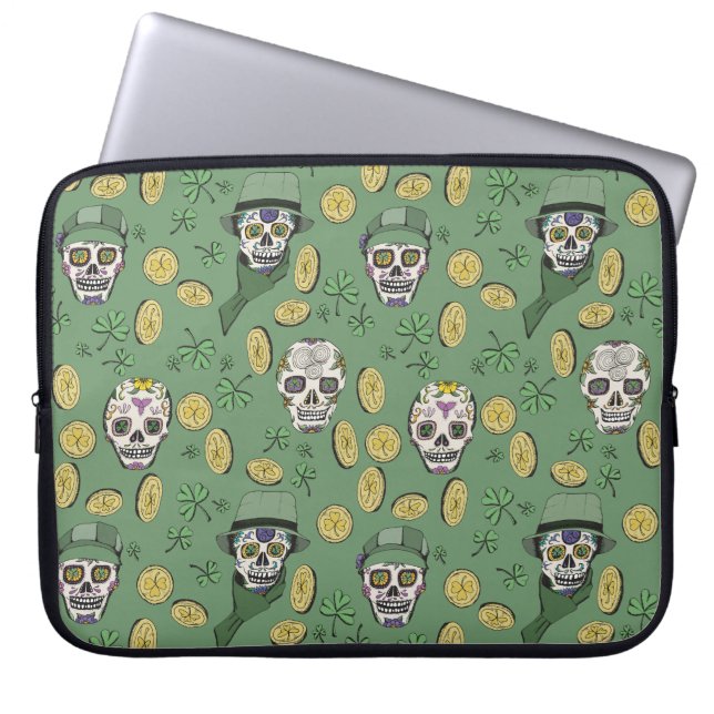 Green St Patrick's Day Irish Sugar Skull Custom Laptop Sleeve (Front)