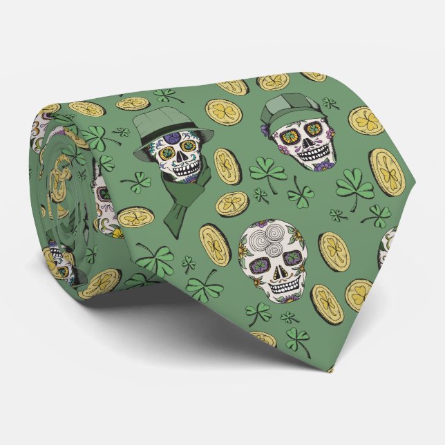 Green St Patrick's Day Irish Sugar Skull Custom Tie (Rolled)