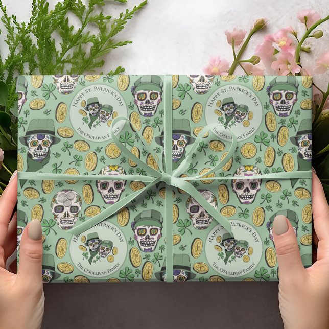 Green St Patrick's Day Irish Sugar Skull Custom Wrapping Paper (Custom St Patrick's Hand-Drawn Design in Black Ink. Irish Sugar Skulls Dressed in Hats & Scarves. )