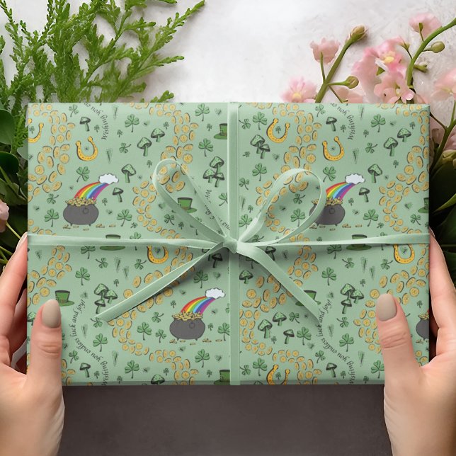 Green St. Patrick's Day Leprechaun Pot of Gold Wrapping Paper (St Patrick's Hand-Drawn Design in Black Ink. Pot of Gold, Shamrocks, Green Clovers, Horseshoe, Coins)